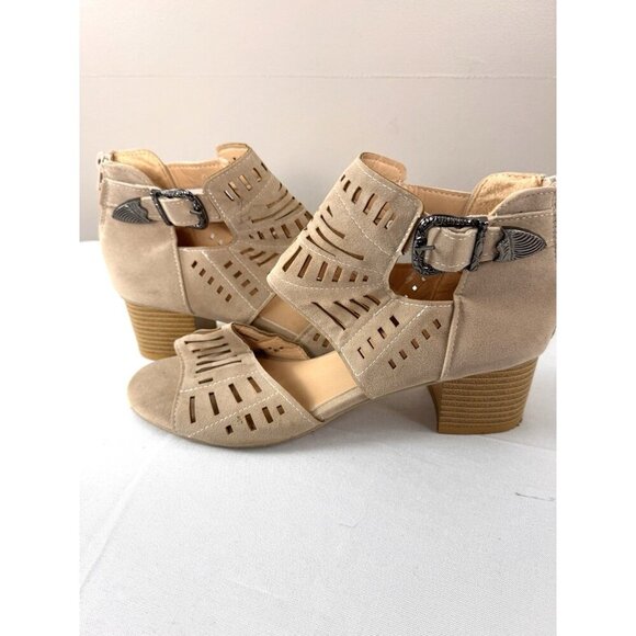 Boho Coastal Block Heel Sandals 42 10 Laser Cut Geo Ankle Cuff Neutral Western - Picture 10 of 15